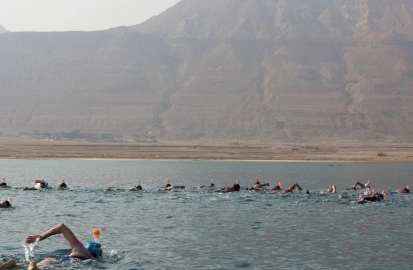Environmental activists take part in "The Dead Sea Swim Challenge", swimming from the Jordanian to Israeli shore, to draw attention to the ecological threats facing the Dead Sea, in Kibbutz Ein Gedi, Israel November 15, 2016. (photo credit: REUTERS)