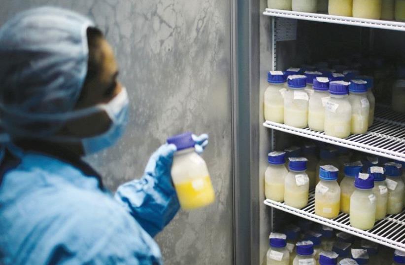 A nurse examines bottles of breast milk donated by nursing mothers at the human-milk bank at the San Juan de Dios hospital in Guatemala in August (photo credit: REUTERS)