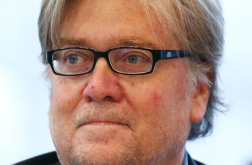 Stephen Bannon is pictured during a campaign meeting at Trump Tower in Manhattan in August (photo credit: REUTERS)