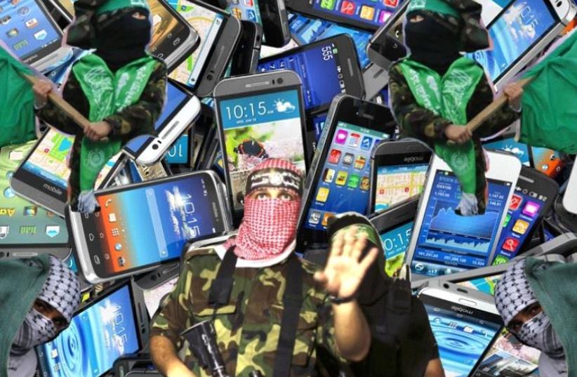 Hamas members, Smartphone background (photo credit: REUTERS)