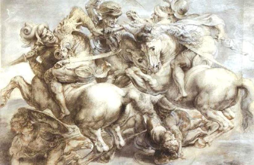 ‘The Battle of Anghiari.’ (photo credit: PETER PAUL RUBENS AFTER LEONARDO DA VINCI/WIKIMEDIA COMMONS)