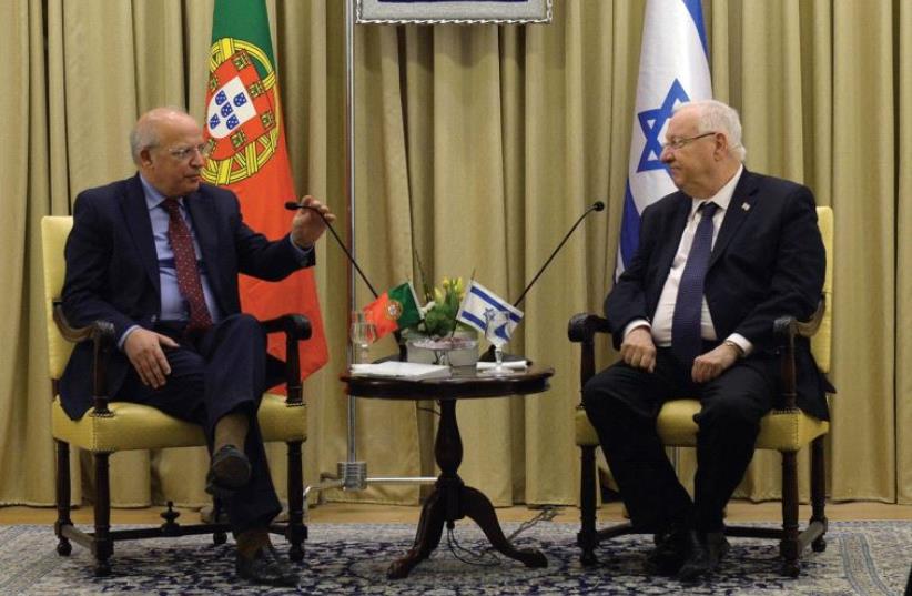 Reuven Rivlin (right) holds a working meeting with Portuguese Foreign Minister Prof. Augusto Santos Silva in Jerusalem (photo credit: GPO)
