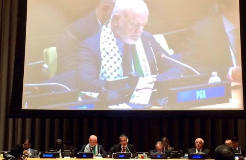 UNGA President with Palestinian scarf (photo credit: MEXICAN MISSION TO UN/TWITTER)