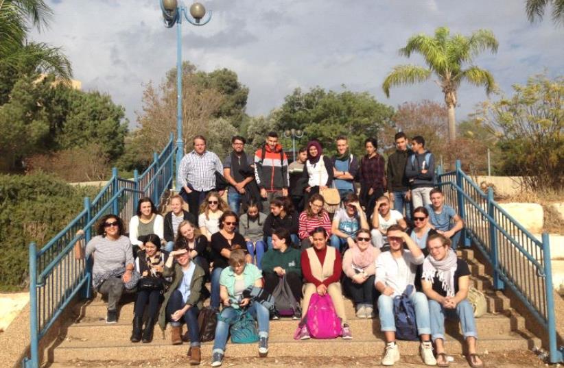 Delegation of German youth with Beduin youth from Rahat, and Jewish youth in front of the Eshel Hanasi High School near Beersheba (photo credit: ELIYAHU KAMISHER)