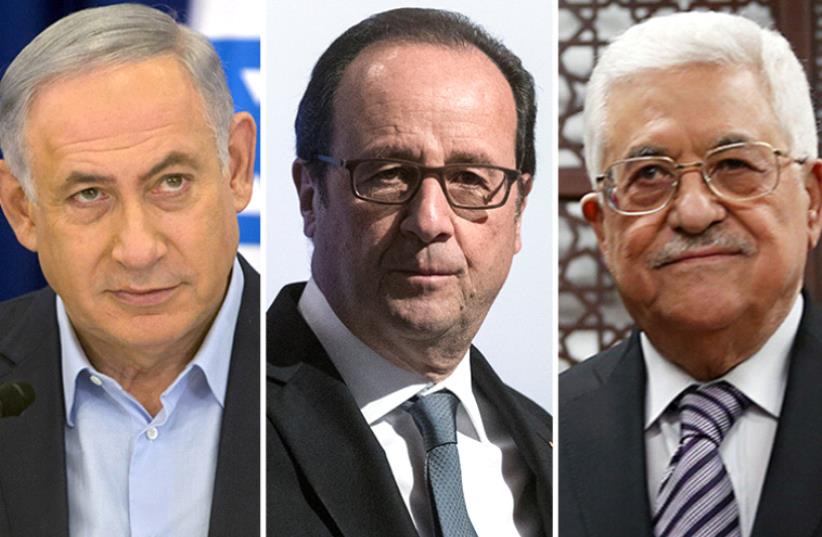 Netanyahu, Hollande and Abbas (photo credit: REUTERS)