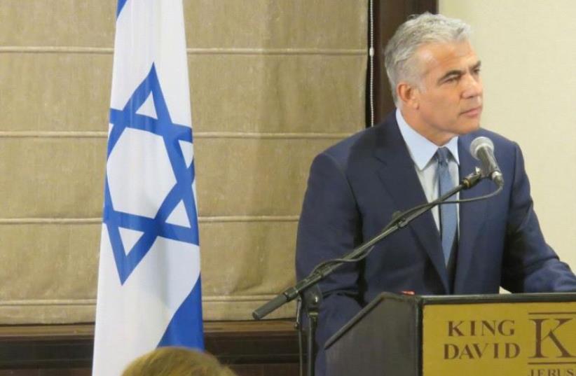 Yair Lapid at a meeting with the Foreign Press Association at Jerusalem’s King David Hotel. (photo credit: YAIR ZIVAN)