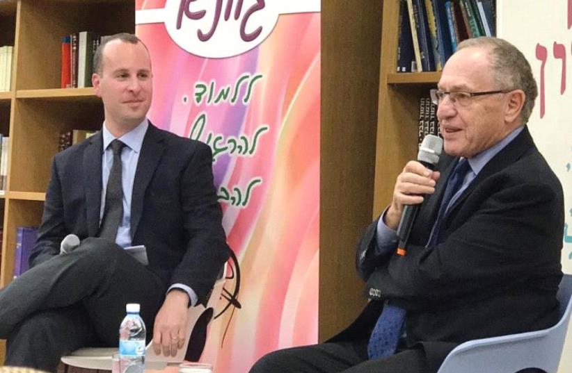 JERUSALEM POST Editor-in-Chief Yaakov Katz (left) interviews Alan Dershowitz at Matan Ra’anana. (photo credit: Courtesy)
