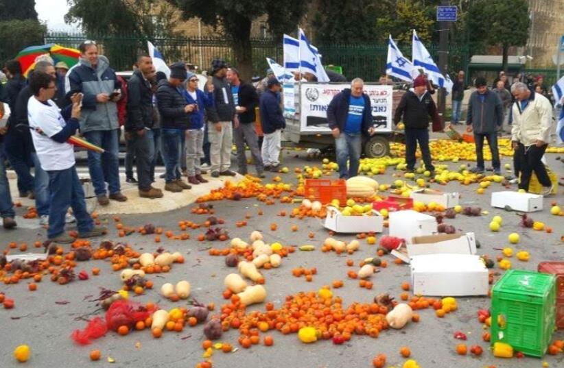 Farmers gather in front of the Knesset on Monday to protest government agricultural policies (photo credit: FARMERS FEDERATION OF ISRAEL)