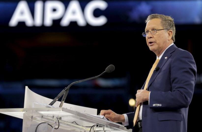 Former Republican presidential candidate John Kasich addresses the American Israel Public Affairs Committee (AIPAC) afternoon general session in Washington March 21, 2016 (photo credit: REUTERS)