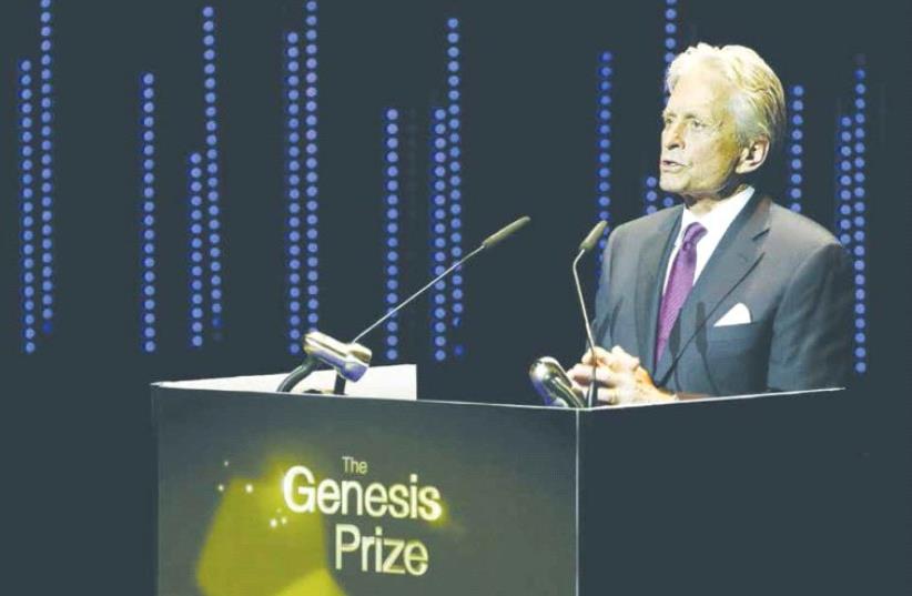 Michael Douglas speaking at the Genesis Prize Award Ceremony in Jerusalem in 2015 (photo credit: Courtesy)
