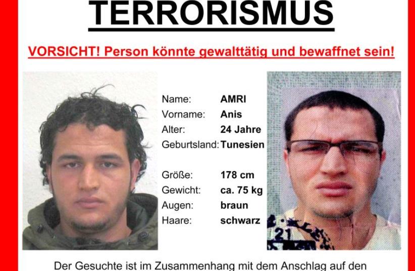 German wanted poster for Berlin market attack suspect Anis Amri, released on December 21, 2016 from the web site of the German Bundeskriminalamt (BKA) Federal Crime Office (photo credit: REUTERS)