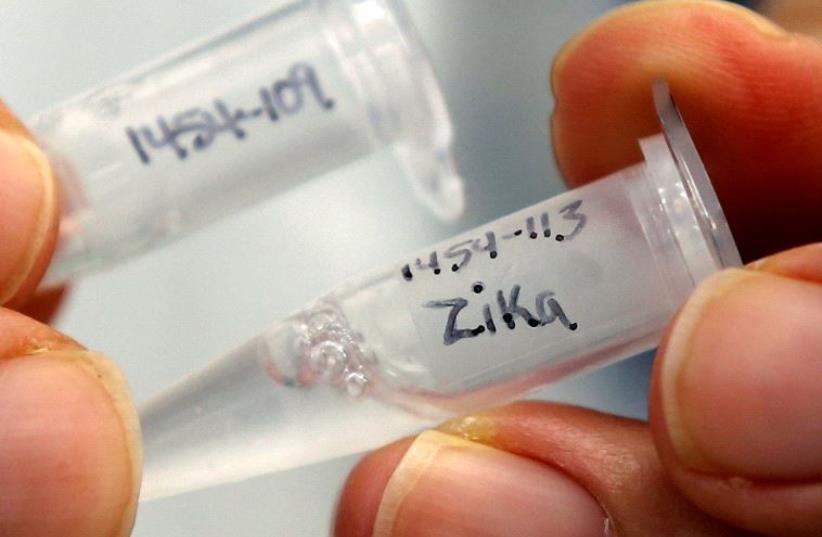 A research scientist holds a vial marked "Zika"  (photo credit: REUTERS)