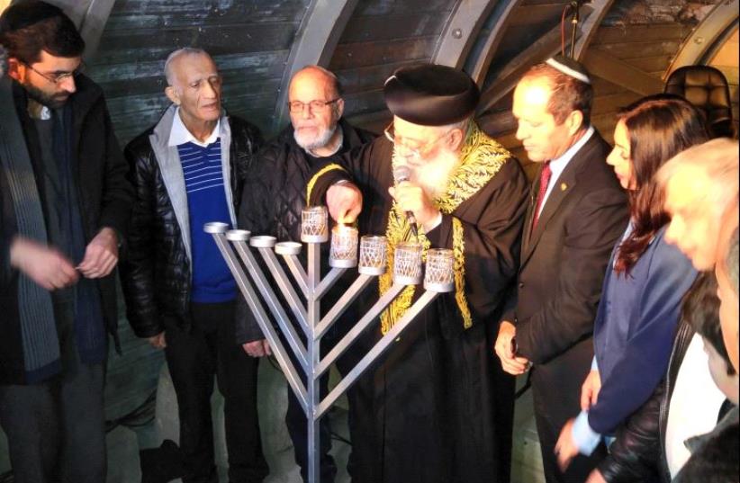  Sephardi Chief Rabbi Shlomo Amar, Culture and Sports Minister Miri Regev, and Jerusalem Mayor Nir Barkat attend City of David archeological unveiling  (photo credit: DANIEL K. EISENBUD)