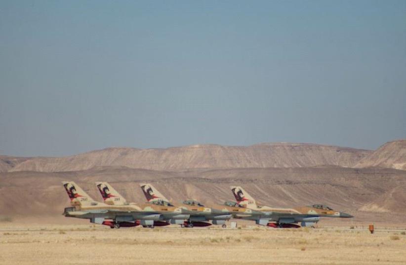 Israel Air Force F-16s line up for takeoff at an air base in Israel (photo credit: IDF)