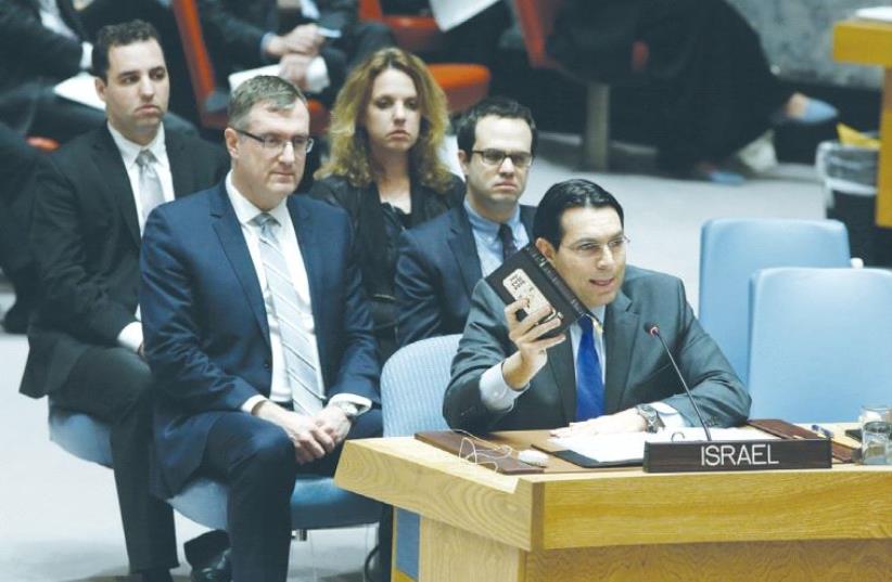 UN AMBASSADOR Danny Danon speaks at the Security Council. (photo credit: EVAN SCHNEIDER/UN)