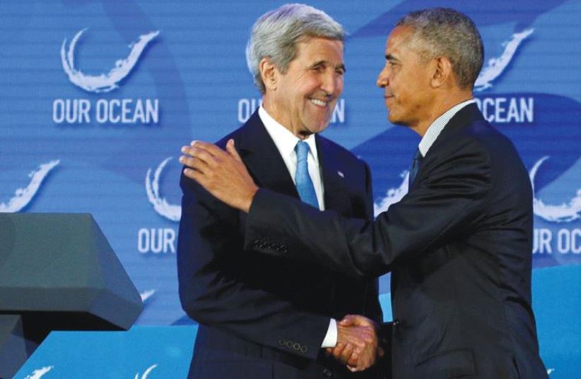 US PRESIDENT Barack Obama and Secretary of State John Kerry: ‘Not anti-Israel, anti-settlement.’ (photo credit: REUTERS)