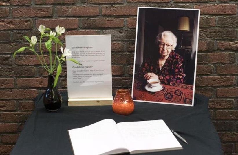A photograph of Miep Gies is seen at the Anne Frank Museum in Amsterdam. (photo credit: MICHAEL KOOREN / REUTERS)