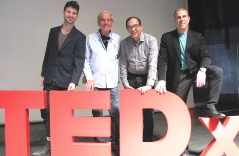 TEDxTelAviv executive director Yadin Soffer, actor Chaim Topol, former education minister Shai Piron and Channel 10 journalist Gilad Adin (photo credit: RAMI ZARNAGAR)
