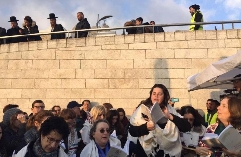 Women of the Wall pray outside of the Western Wall complex (photo credit: COURTESY WOMEN OF THE WALL)