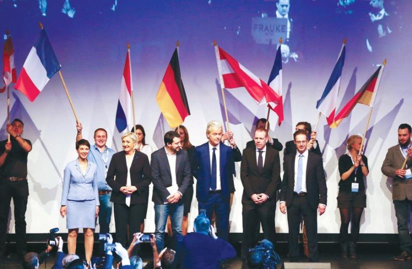 LEADERS OF far-right European political parties arrive on stage for a meeting in Germany over the weekend to discuss the state of the EU. (photo credit: REUTERS)