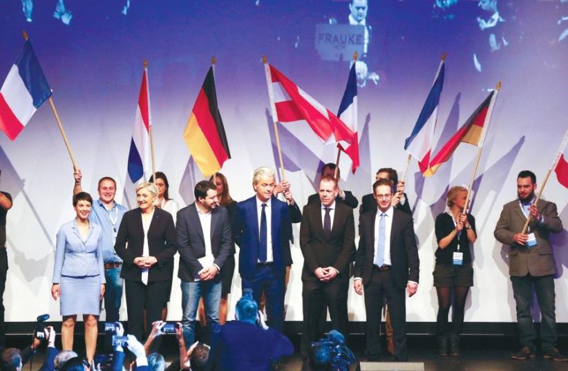 LEADERS OF far-right European political parties arrive on stage for a meeting in Germany over the weekend to discuss the state of the EU. (photo credit: REUTERS)