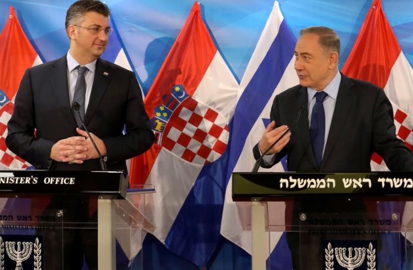 Israeli Prime Minister Benjamin Netanyahu (R) and his Croatian counterpart Andrej Plenkovic deliver joint statements to the media in Jerusalem January 24, 2017.  (photo credit: REUTERS)