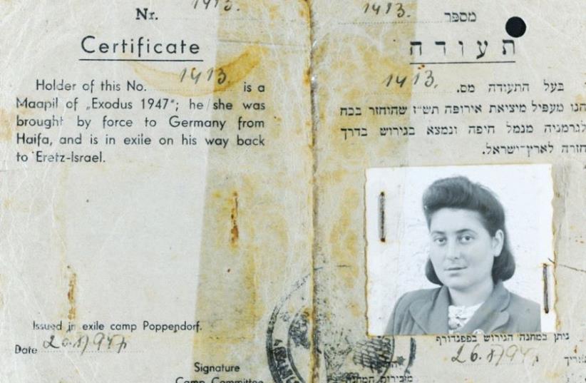 Entry permit to Eretz Yisrael from 1947 of Rachel Tytelman, who is still well and active, and lives in Tel Aviv (photo credit: YAD VASHEM)