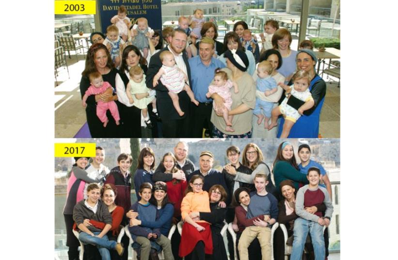 The original photograph (above) with 13 babies – who are now teenagers – born in Israel in the first year of Nefesh B’Nefesh’s founding and the re-created photo (photo credit: JARED BERNSTEIN,SASSON TIRAM)
