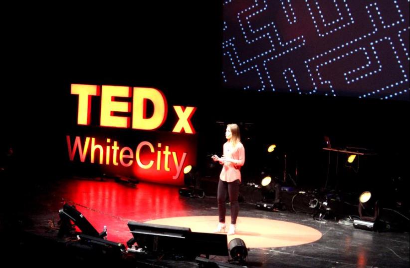 Galia Benartzi speaking at TEDxWhiteCity in Tel Aviv on Jan. 25, 2017 (photo credit: MICHELLE MALKA GROSSMAN)