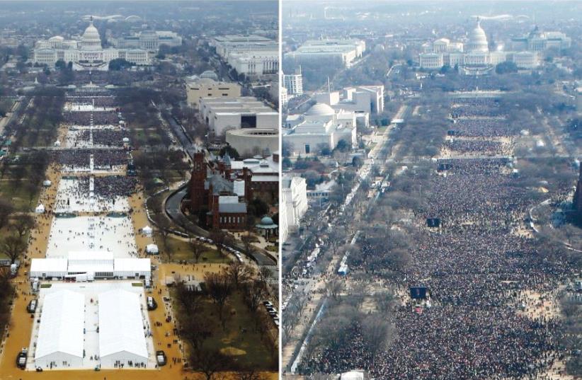 A PHOTO compares the inauguration of Donald Trump this year and Barack Obama in 2009 (photo credit: REUTERS)