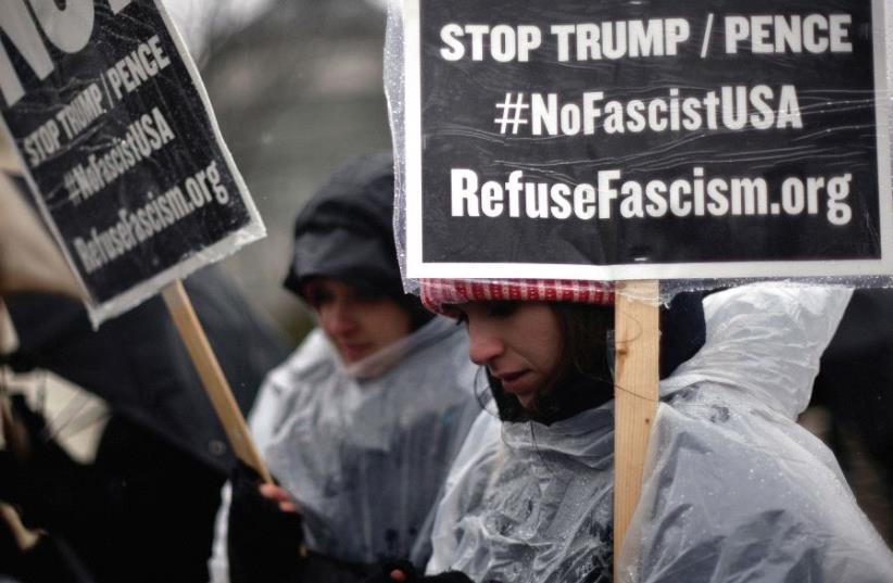A PERSON protesting ‘fascism’ at a rally in New York City. (photo credit: REUTERS)