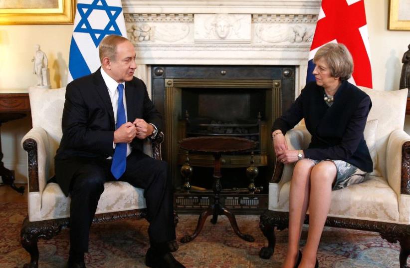 Prime Minister Benjamin Netanyahu meets Britain's Prime Minister Theresa May at 10 Downing Street, in London, February 6, 2017 (photo credit: REUTERS)