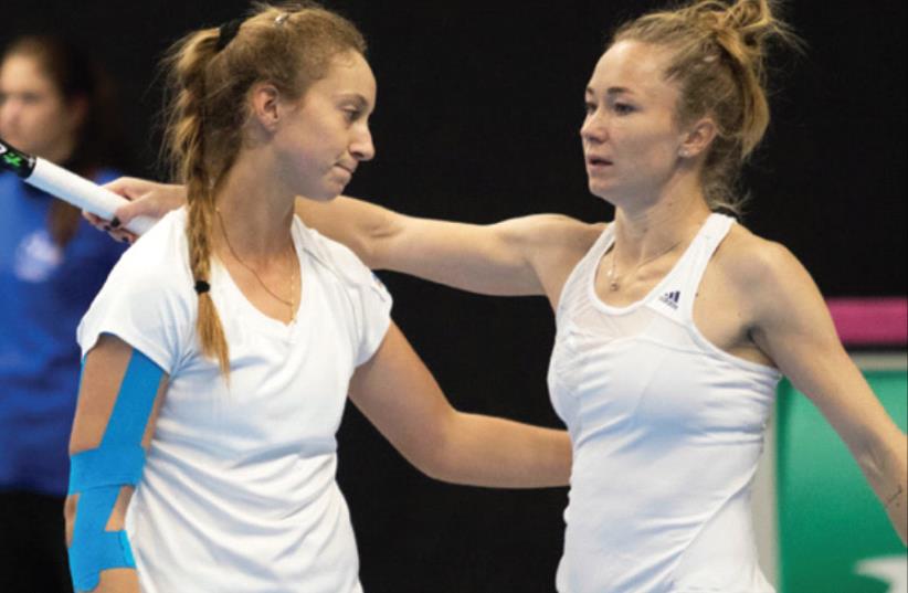 Israel’s Julia Glushko (right) and Shelly Krolitzky (left) lost all three of their doubles matches together in Fed Cup Europe/Africa Zone Group I action Estonia, which eventually led to the team’s relegation to Group II on Saturday night. (photo credit: NIR KEIDAR/ISRAEL TENNIS ASSOCIATION)