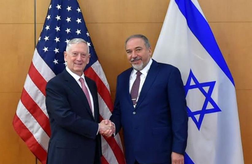 Defense Minister Avigdor Lieberman with his American counterpart Gen.James Mattis. (photo credit: DEFENSE MINISTRY)