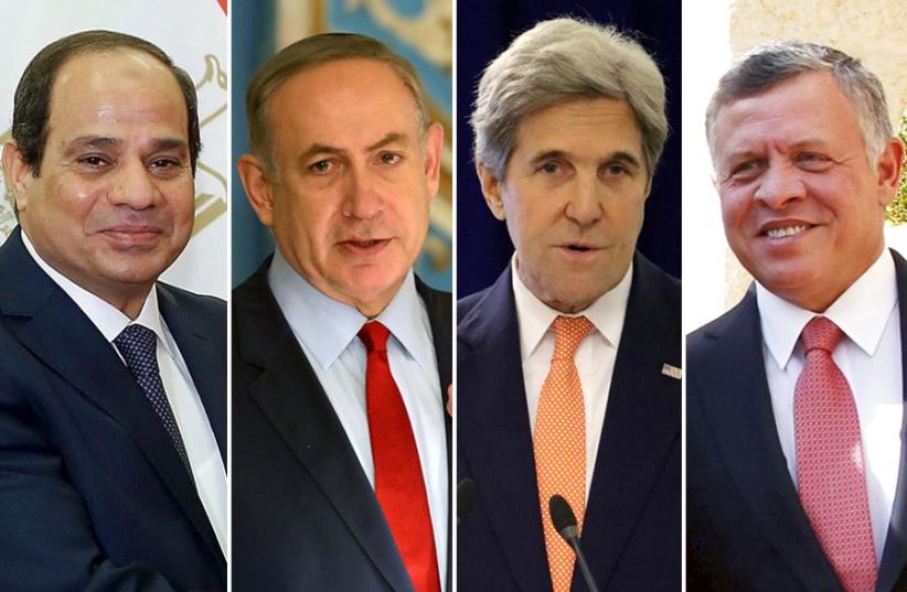 Sisi, Netanyahu, Kerry and Abdullah (photo credit: REUTERS)