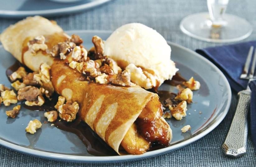 Bananas Foster crepes (photo credit: FROM SARA MOULTON’S ‘HOME COOKING 101")