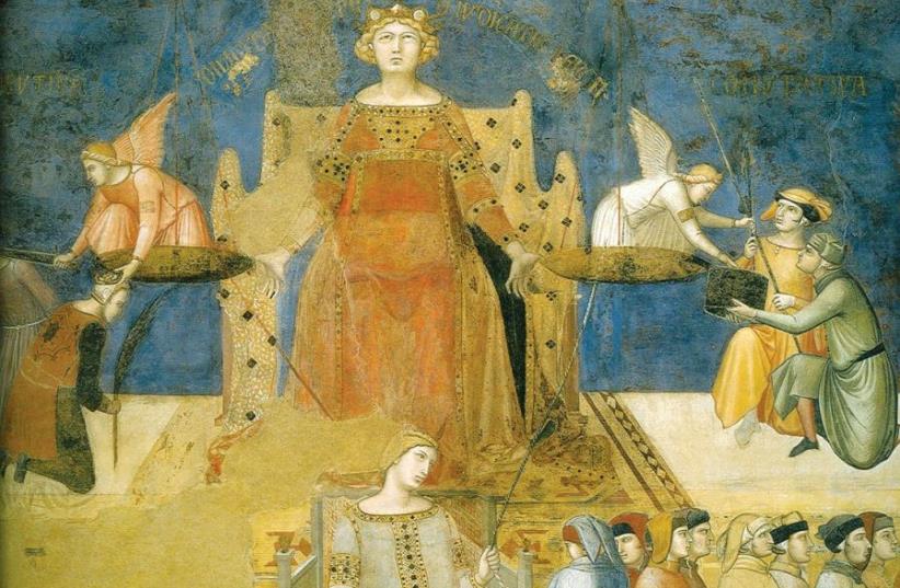 The allegorical figure of (blind) Justice, as it appears in ‘The Allegory of Good and Bad Government’ by Ambrogio Lorenzetti (Sienna, 1338-1339) (photo credit: WIKIMEDIA)