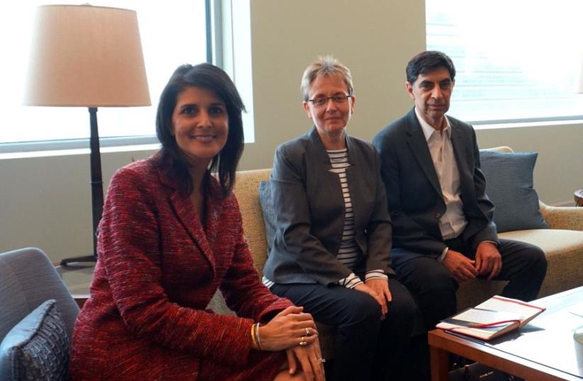 US envoy to the UN, Nikki Haley, meets with the parents of Hadar Goldin. (photo credit: US MISSION TO THE UN)