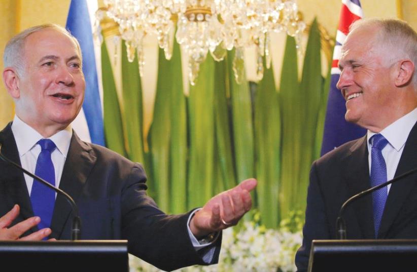 PRIME MINISTER Benjamin Netanyahu and Australian Prime Minister Malcolm Turnbull appeared inseparable during Netanyahu’s visit. They made several joint appearances, with Turnbull dedicating two full days to his counterpart. (photo credit: REUTERS)