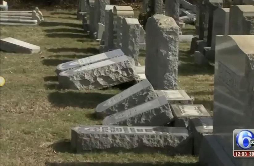 Gravestones damaged at Mt. Carmel Cemetery in Philadelphia , Pennsylvania , US (photo credit: screenshot)