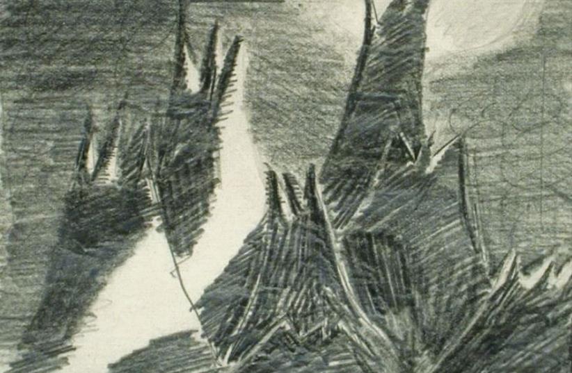 Moon landscape pencil on paper, as painted by 14-year-old Jewish prisoner Petr Ginz (1928-1944) in Terezin Ghetto in 1942. He died in Auschwitz two years later (photo credit: COLLECTION OF THE YAD VASHEM ART MUSEUM/JERUSALEM GIFT OF OTTO GINZ/HAIFA)