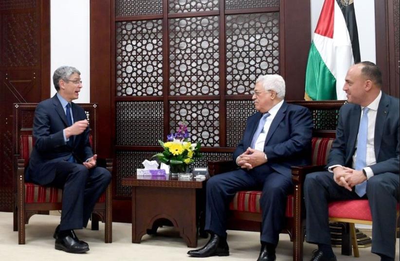 Palestinian Authority President Mahmoud Abbas meets with Rabbi Rick Jacobs (photo credit: WAFA)
