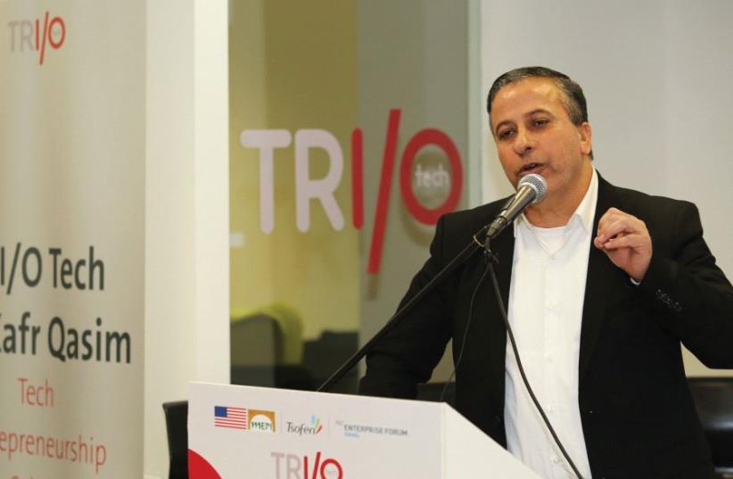 KAFR KASIM Mayor Adel Badir speaks at Tsofen’s TRIO/O Tech program, (photo credit: Courtesy)