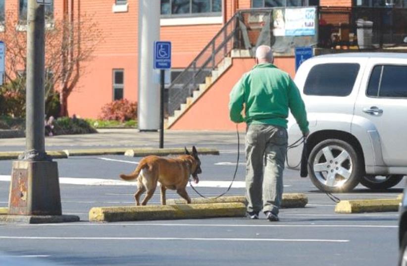 A policeman and a detection dog search for explosives after a bomb threat to the Jewish Community Center in Louisville, Kentucky (photo credit: BRYAN WOOLSTON/REUTERS)