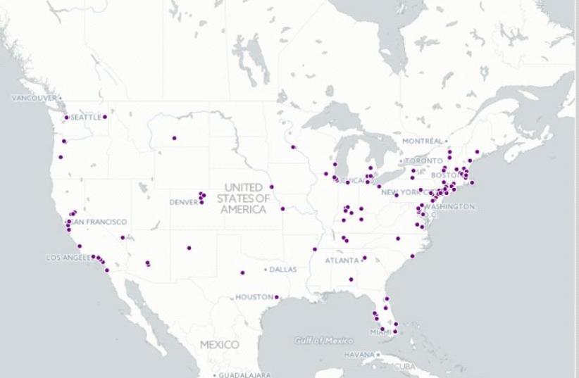 ProPublica's interactive map showing where antisemitic crimes were carried out across the US in recent months.  (photo credit: screenshot)