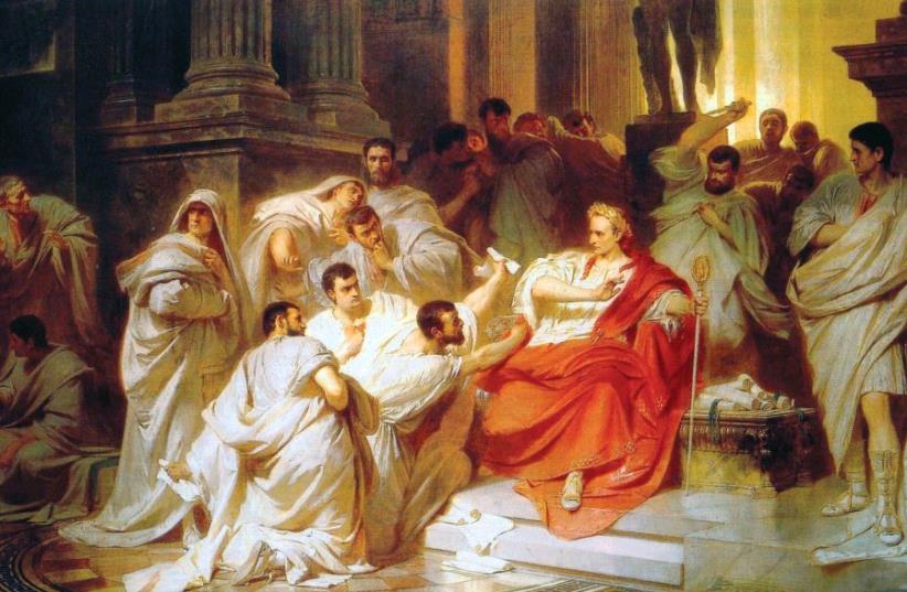 One of the most famous betrayals in history, when Brutus killed Caesar, portrayed in Karl von Piloty’s ‘The Death of Caesar.’ (photo credit: Wikimedia Commons)