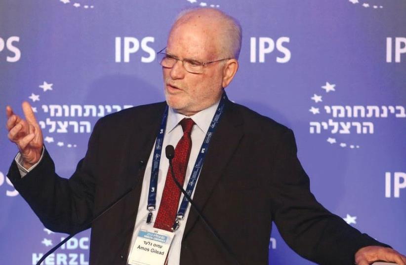 AMOS GILEAD speaks at a recent Herzliya Conference. ‘We are in a period of historic opportunity, with threats looming on the horizon’  (photo credit: ADI COHEN ZEDEK)