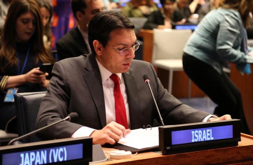 Ambassador Danon addressing the UN after the Israeli resolution was adopted. (photo credit: COURTESY OF THE ISRAELI MISSION AT UN)