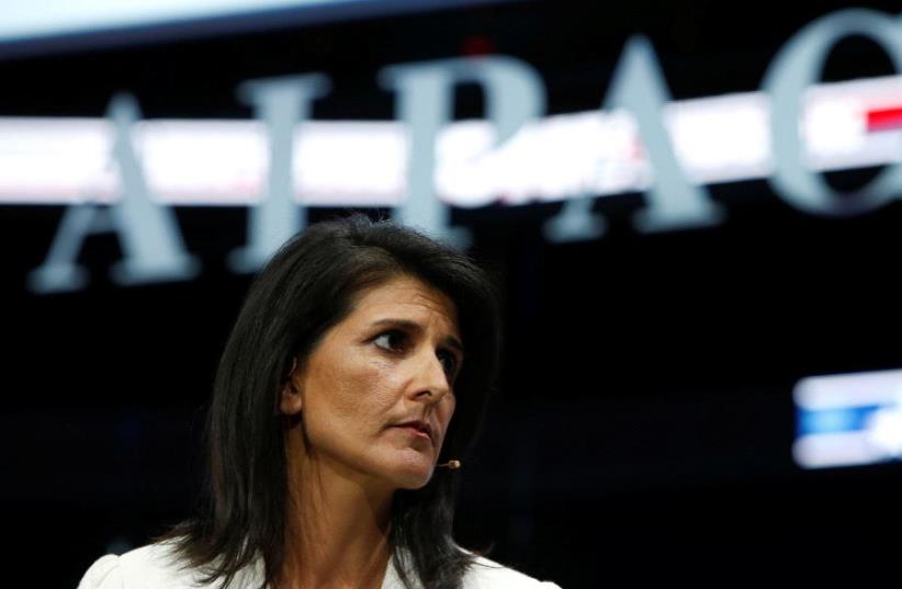 U.S. Ambassador to the United Nations NIkki Haley speaks to the American Israel Public Affairs Committee (AIPAC) policy conference in Washington, US (photo credit: REUTERS)