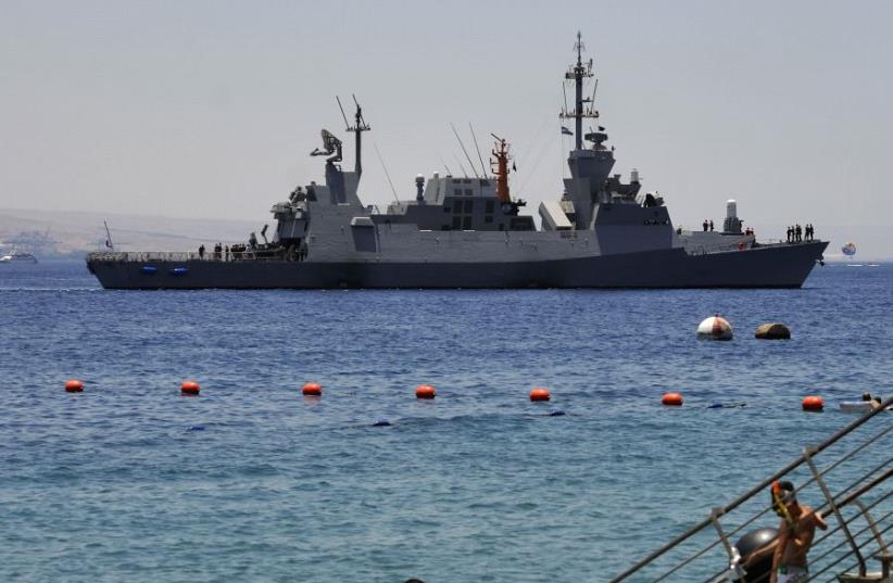 An Israeli warship arrives at an Israeli navy base in the Red Sea resort city of Eilat July 15, 2009 (photo credit: REUTERS)